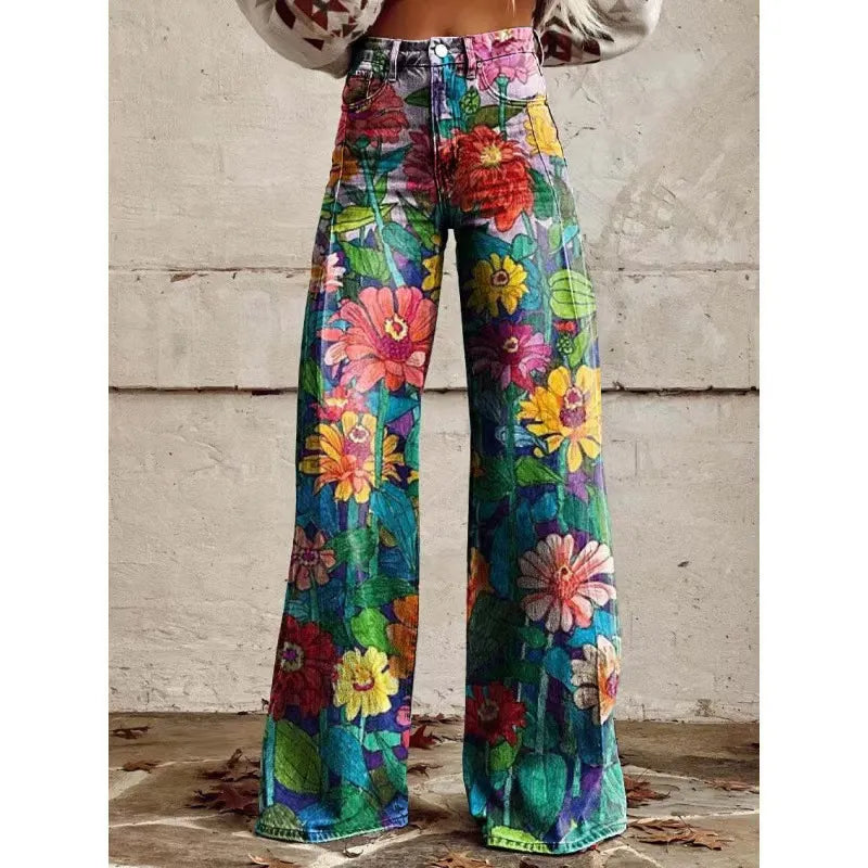 High Waist Western Cowboy Horse Print Wide Leg Pants