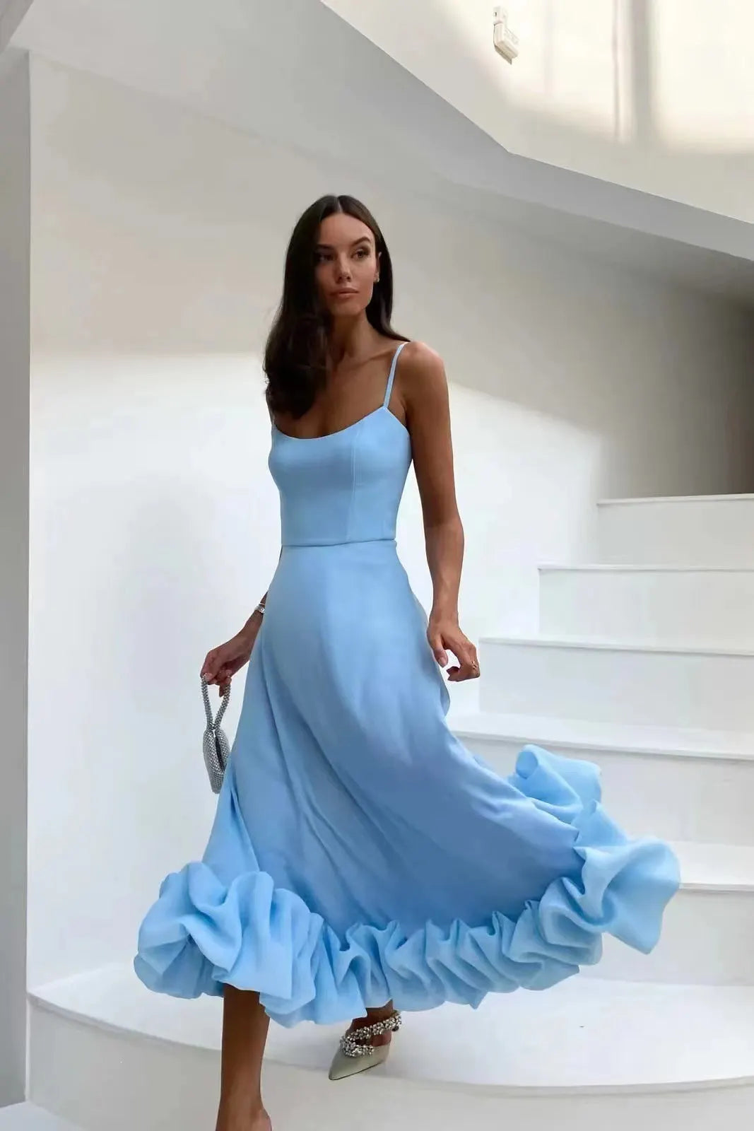 Solid U-Neck Sleeveless High Waist Pleated Flare Midi Dress