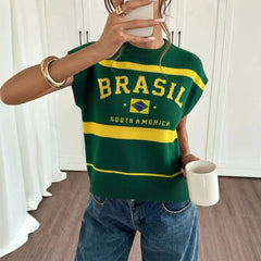 Brazil Flag Embroidered Round Neck Sleeveless Knit Sweater Vest