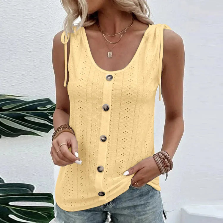 Solid Color Eyelet Embroidered Tie Shoulder Button Down Sleeveless Tank Top