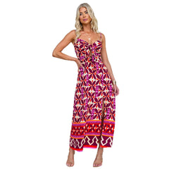Boho Geometric Print Tie Front Spaghetti Strap High Slit Maxi Dress Slim Fit Campus Beach Outfit