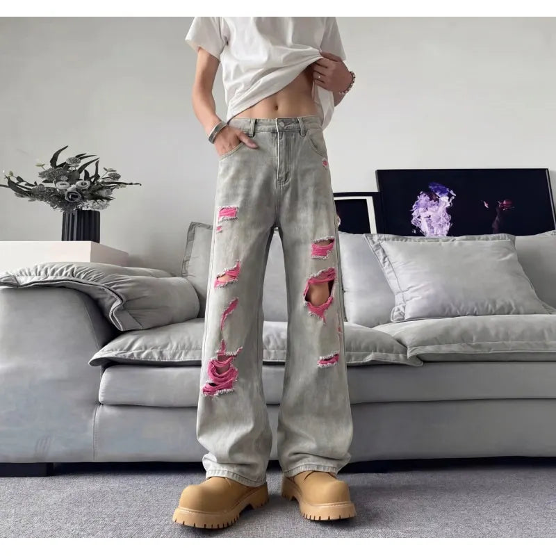 Men Mid Waist Contrast Ripped Wide Leg Jeans