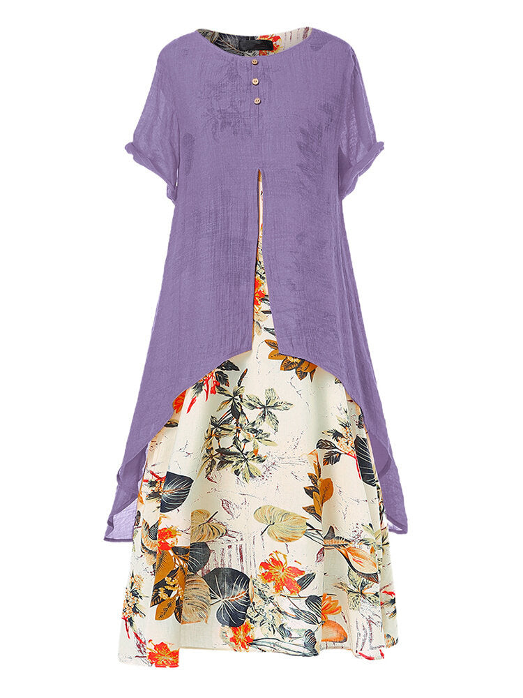 Fake Two-Piece Printed Linen Midi Dress