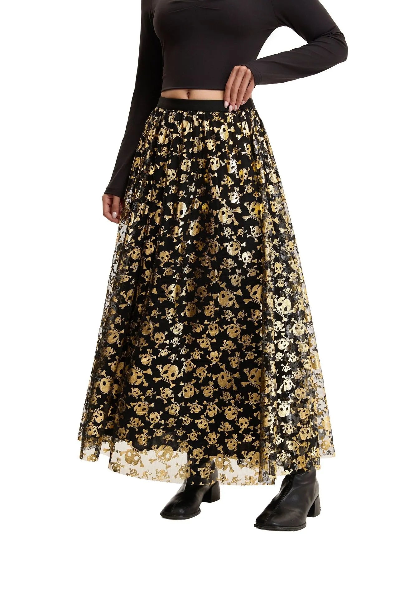 Halloween Pumpkin Witch Bat Print Tulle Long Maxi Skirt