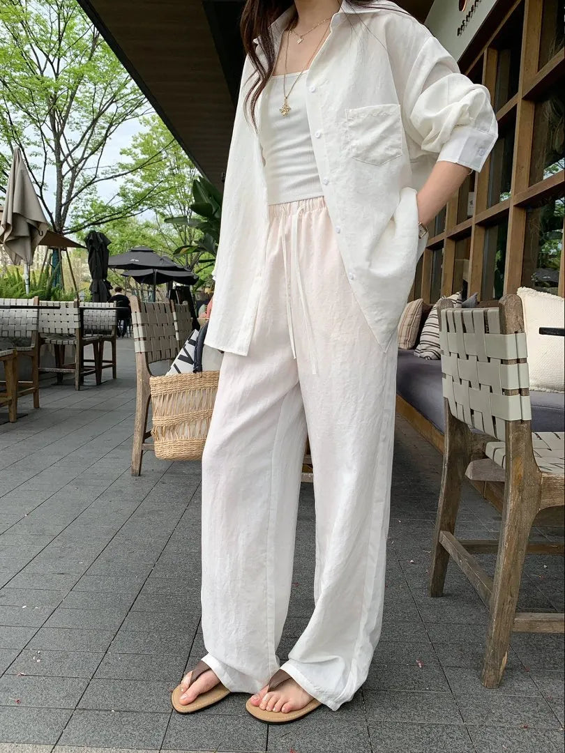 Oversized Long Sleeve Shirt Drawstring Shorts / Pants 2 Piece Casual Suit