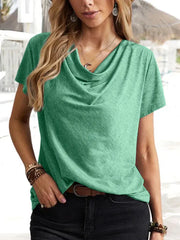 Solid Color Cowl Neck Loose Fit Short Sleeve T-Shirt