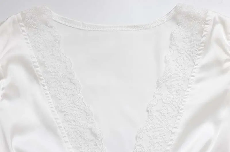Cream Satin Lace Trim V-Neck Tie Front Blouse