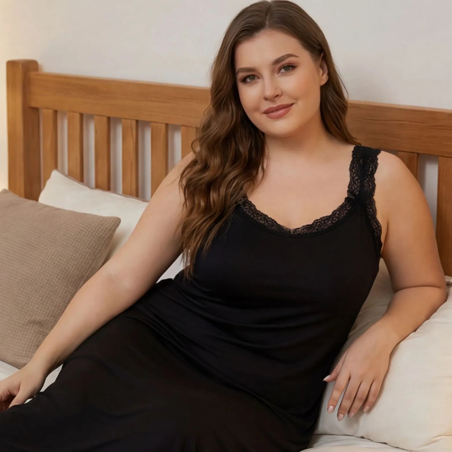 Oversized Black Midi Nightgown, Lace Detail Thin Straps Loose Fit Sleep Dress