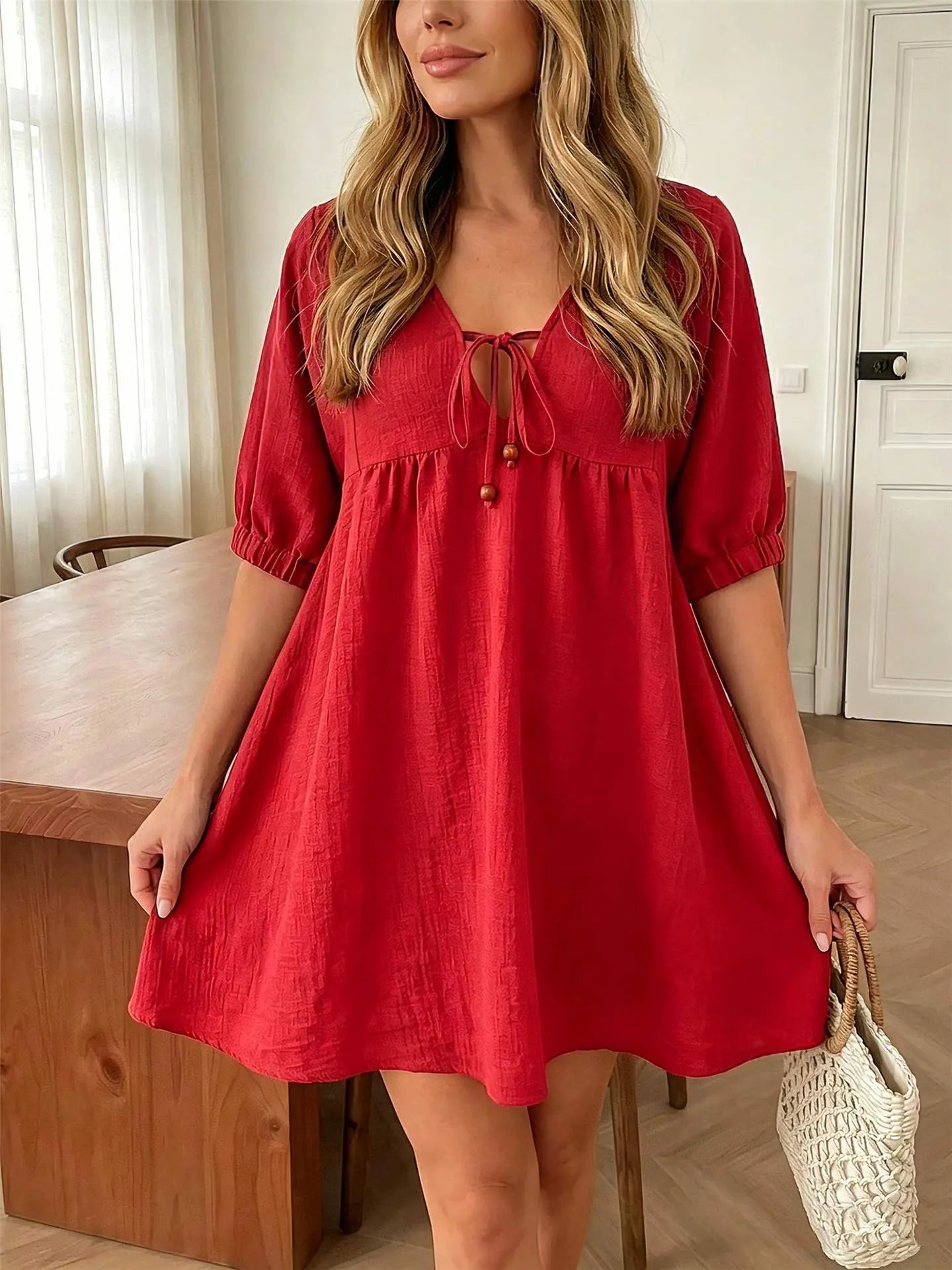 Lace-Up V-Neck Puff Sleeve A-Line Mini Dress
