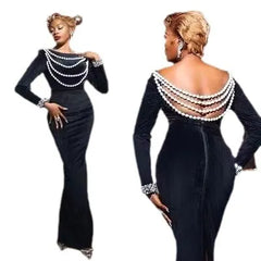 Solid Pearl Beaded Round Neck Long Sleeve High Waist Velvet Mermaid Maxi Dress