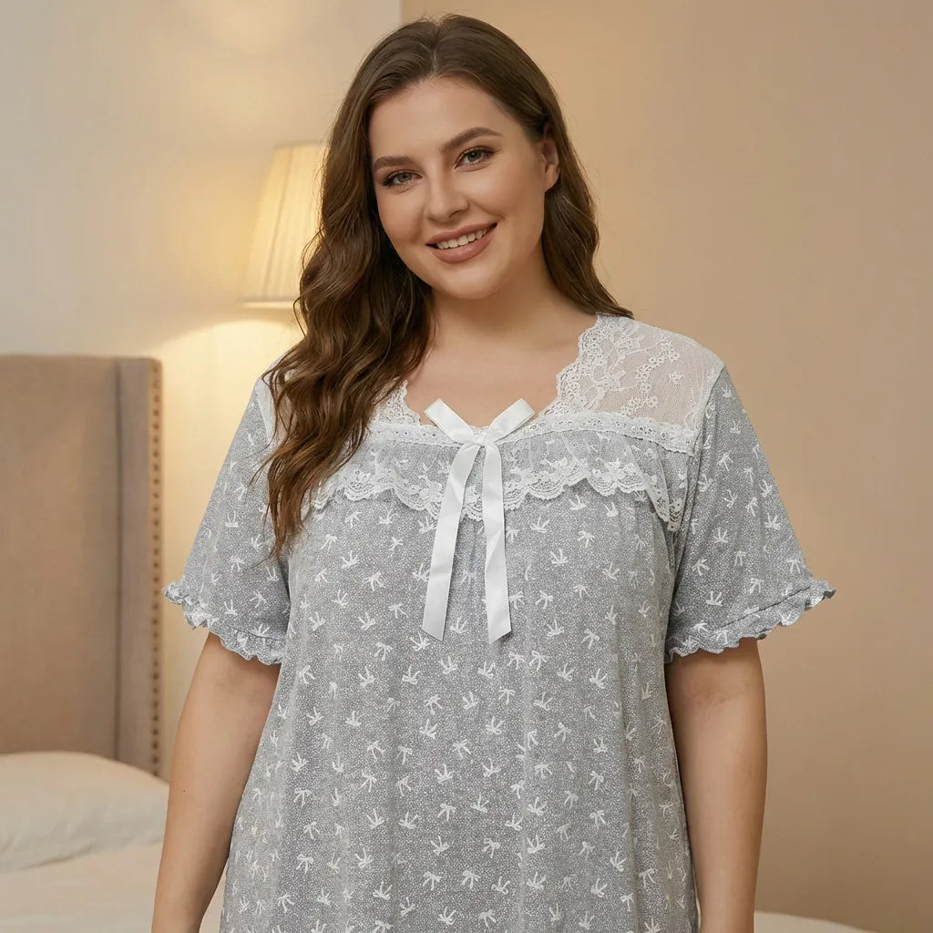 Oversized Pink Nightgown, Romantic Lace V-Neck Bow Decor Short Sleeve Maxi Sleep Dress
