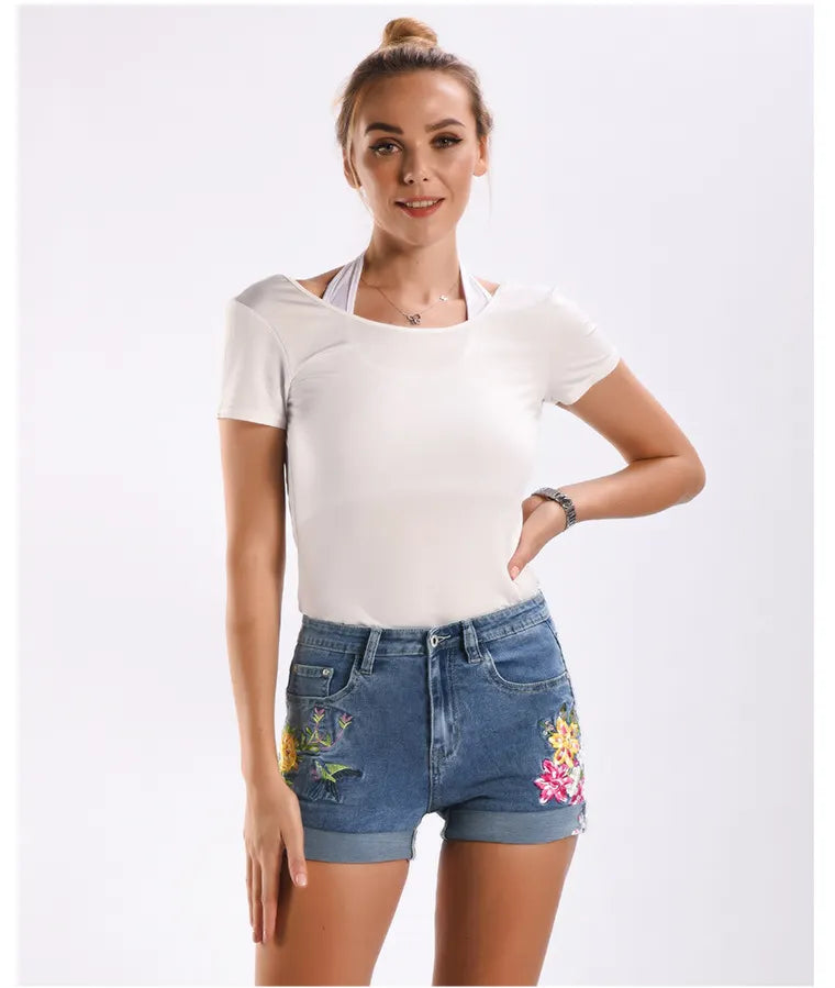 Boho Floral Bird Embroidered Denim Shorts
