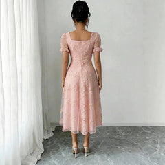 Solid Square Neck Ruffle Short Sleeve 3D Floral Embroidery High Waist A-Line Midi Dress