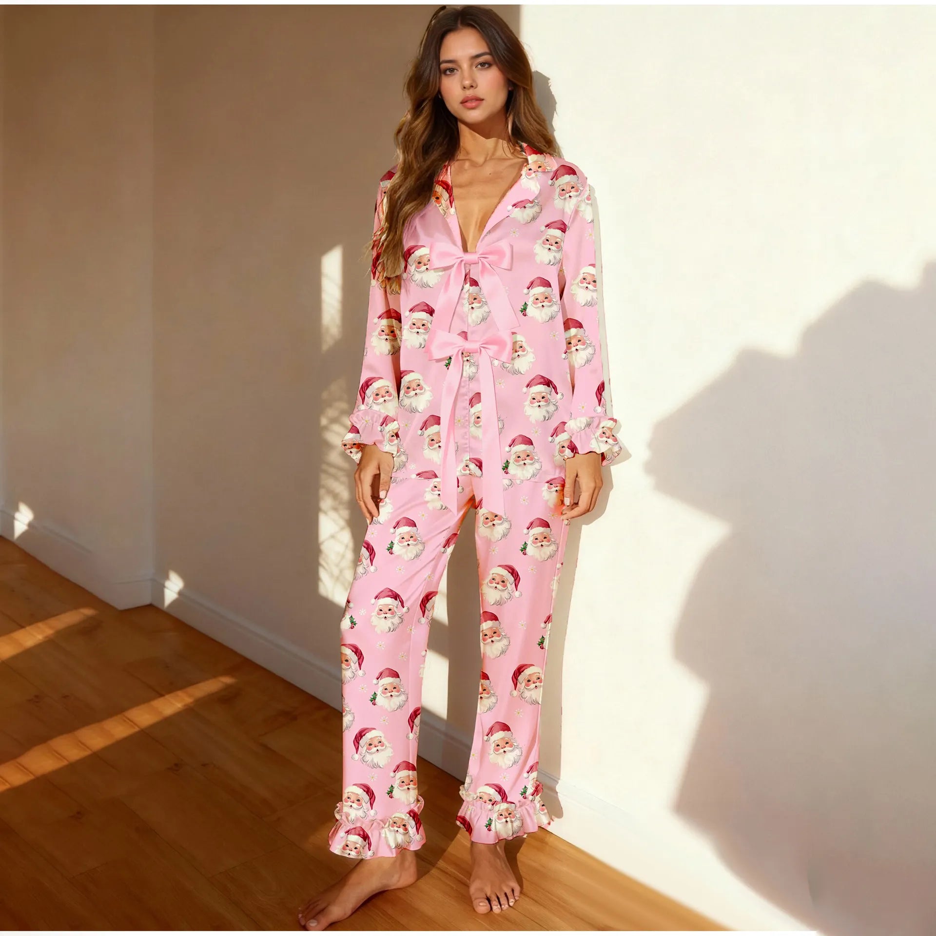 Button Down Ruffle Cuff Long Pants Holiday Loungewear Set