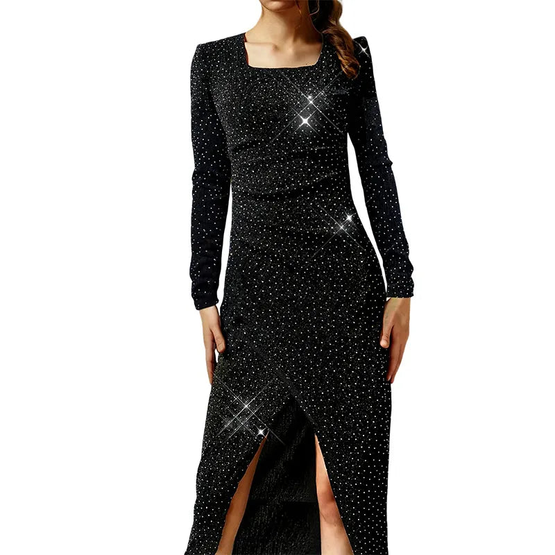 Black Glitter Square Neck Long Sleeve Bodycon Maxi Dress