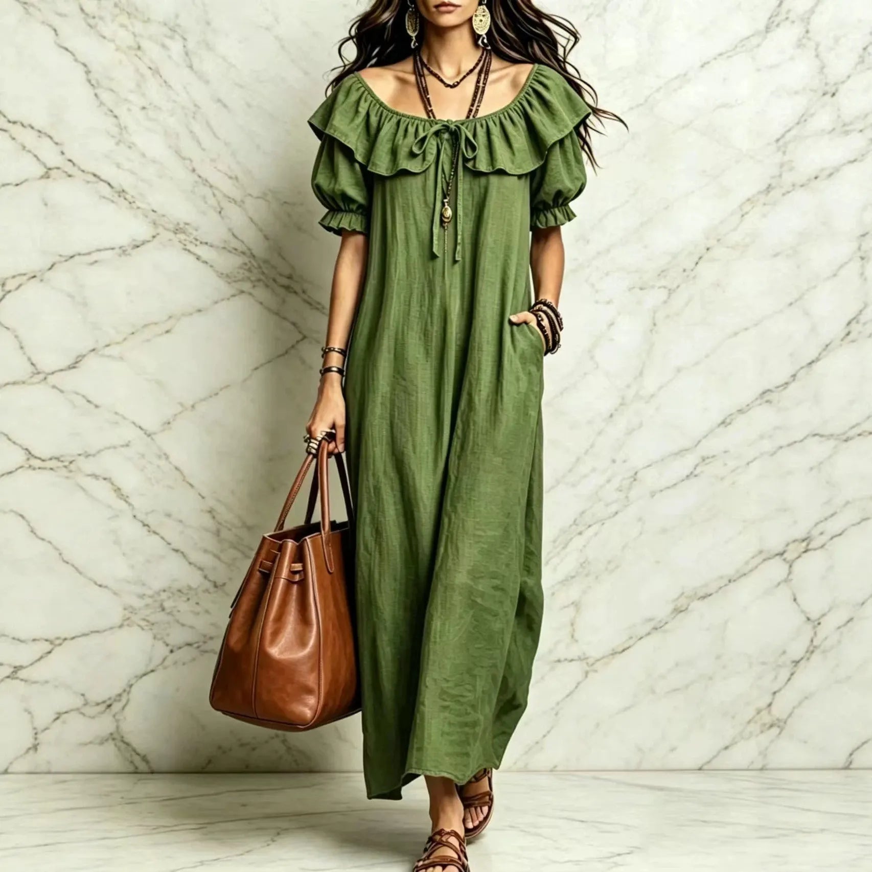 Ruffle Neck Puff Sleeve Maxi Dress