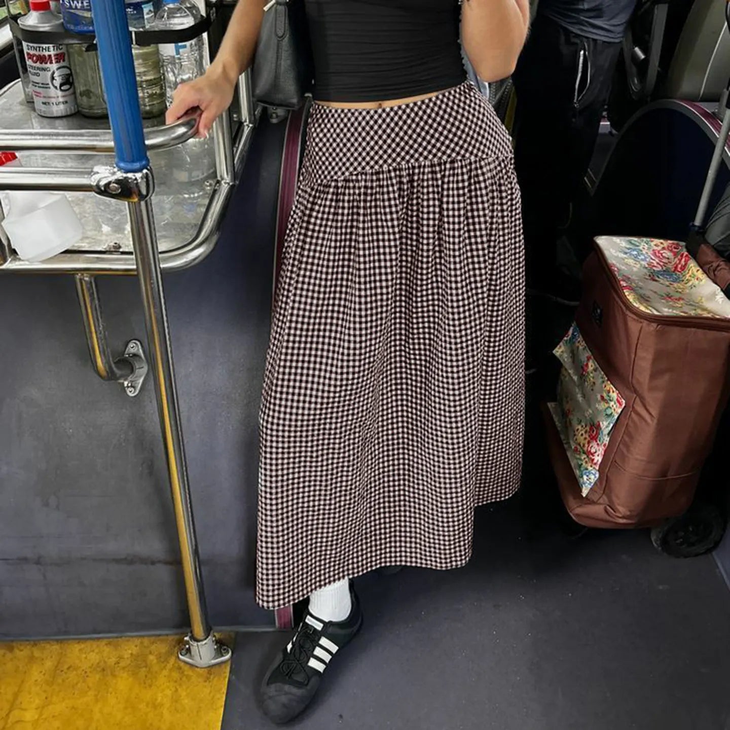 Gingham Plaid Elastic Waist Midi Flared Skirt