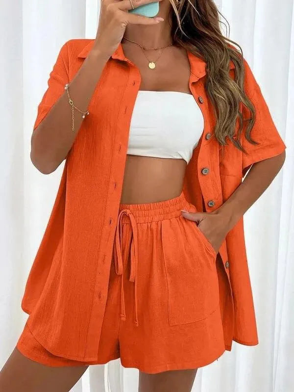 Linen Button Down Shirt & Shorts Set