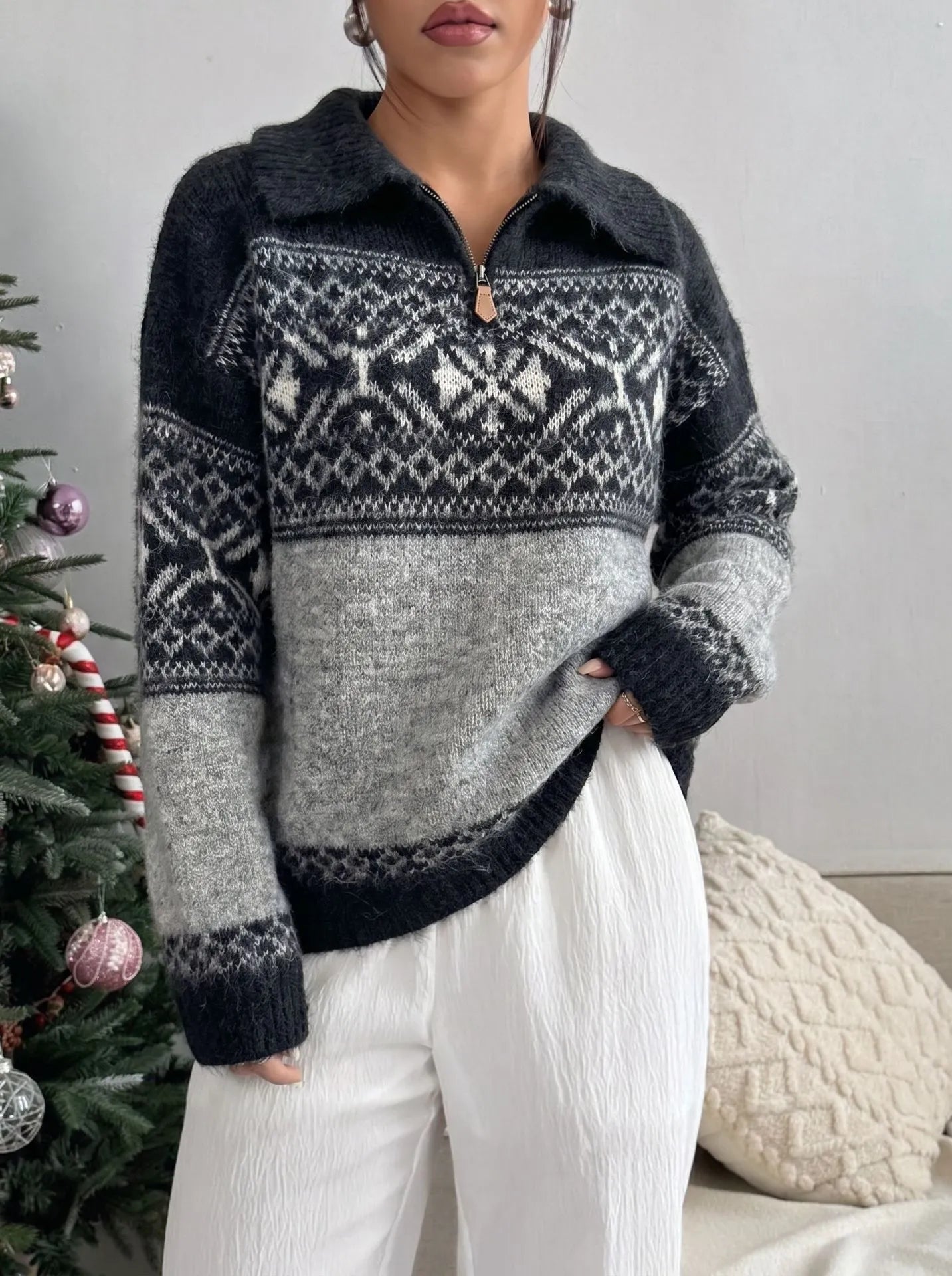 Retro Fair Isle Knit Sweater, Half Zip Lapel Collar Winter Pullover