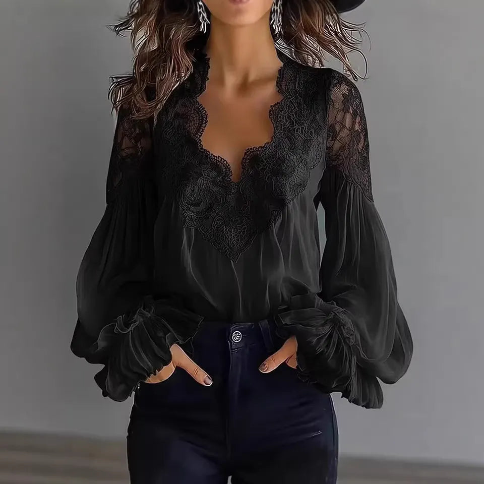 Solid Lace Trim V-Neck Blouse