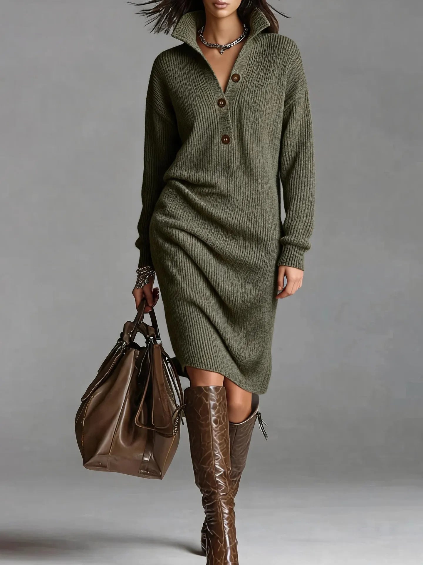 Collared Henley Button Front Loose Sweater Dress