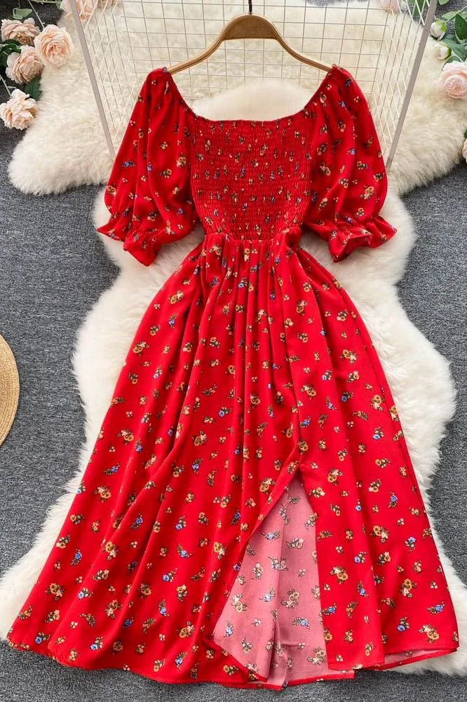 Dress Romantic Floral Print Split Long Dress