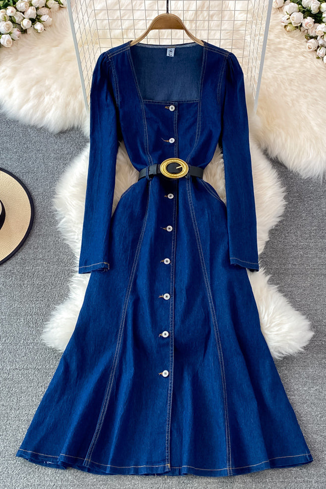 Square Neck Long Sleeve Buttons Denim Dress