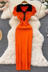 Dress Short Sleeve Slim Knitted Sweater Dress Casual Polo Buttons Long Dress