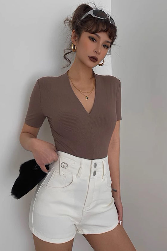 High Elasticity V-Neck Short Sleeved Top