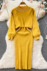 Elegant Pearl O-neck Knitted Sweaters + Strap Dress Two Piece Suits