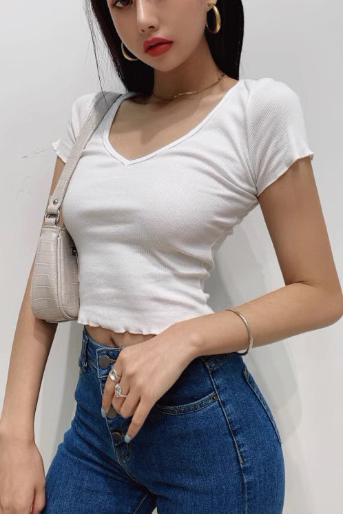 High Waist Top Elastic Tight V-Neck Short Sleeve T-Shirt