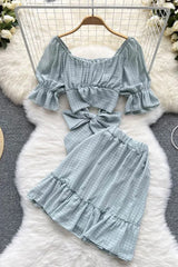 Bow Bandage Crop Tops + Elastic High Waist A-line Mini Skirts Two Piece Suis