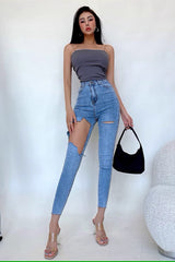 Tight Wrap Hip High Waist Big Hole Jeans