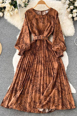Dress Print Pleated Long Dress Female Elegant Sash Bandage Party Dress