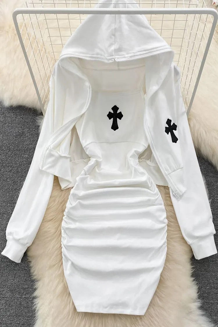 Wrap Hips Mini Dress And Full Sleeve Hooded Short Coats Two Piece