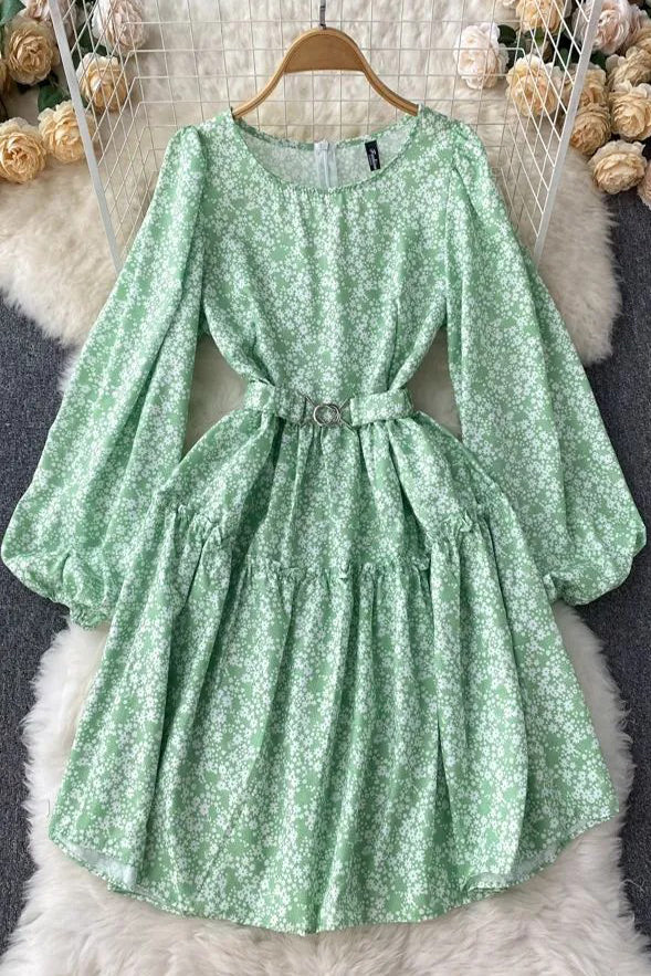 Elegant Lantern Sleeve Print Floral Casual A-line Dress With Belt