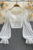 Chiffon Ruffled Blouse Vacation Lantern Sleeves Elastic Square Neck Ruched Ladies Slim Short Tops