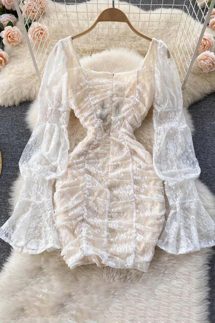 Elegant Dresses Lace Patchwork Lantern Long Sleeve Square Collar Femme Vestido See Through Dress