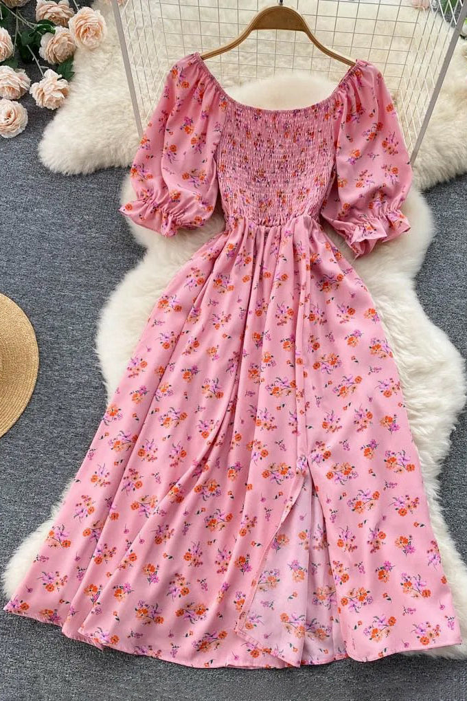 Dress Romantic Floral Print Split Long Dress