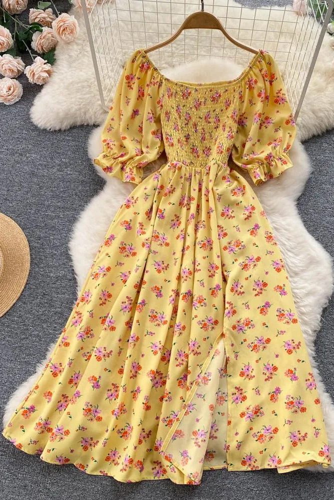 Dress Romantic Floral Print Split Long Dress