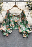 Floral Print Blouse Square Neck Long Lantern Sleeves Top Ladies Beach Vintage Blouse