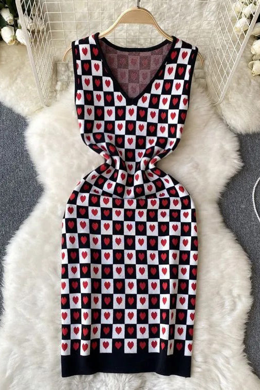 Romantic Heart Knitted Short Dress Casual V-neck Bodycon Dress