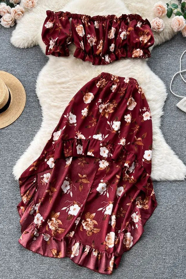 Dress Sets Off Shoulders Floral Print Crop Tops High Waist Ruffled Skirts Suits