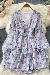 Dress V-neck Buttons Corset Floral Print Short Chiffon Dress