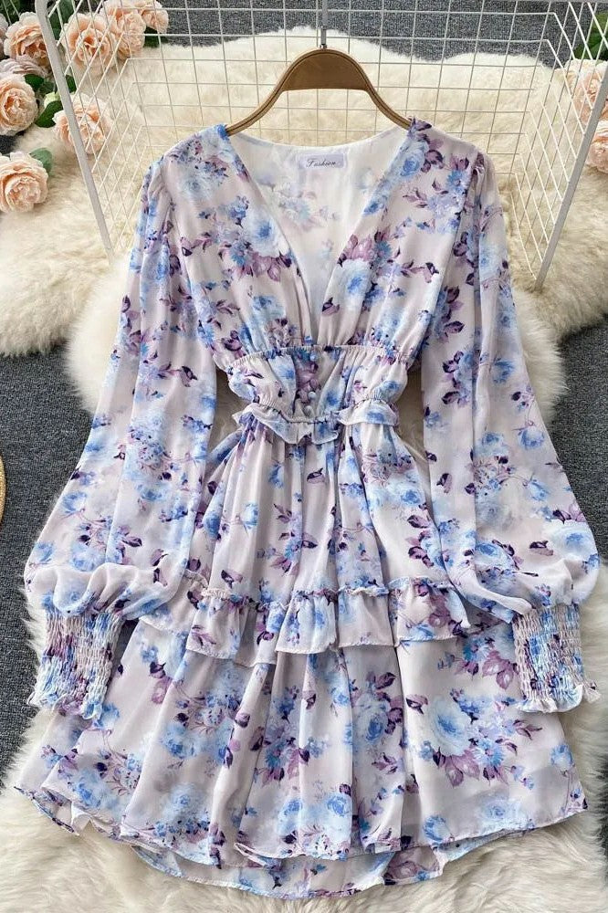 Dress V-neck Buttons Corset Floral Print Short Chiffon Dress