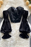 Patchwork Off Shoulder Crop Tops Slash Neck Blouses Ladies Tops