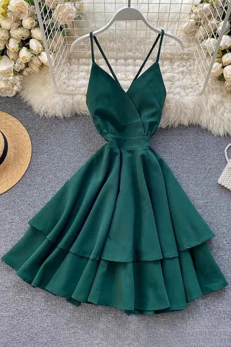 Backless Bow Bandage Beach Dress V-neck Strap Double Ruffles Short Dress