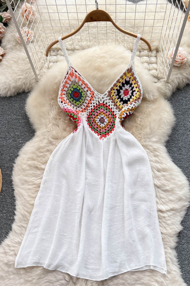 Patchwork Dress Strap Style Hook Hollow Out Ladies Vacation Beach Dresses