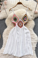 Patchwork Dress Strap Style Hook Hollow Out Ladies Vacation Beach Dresses