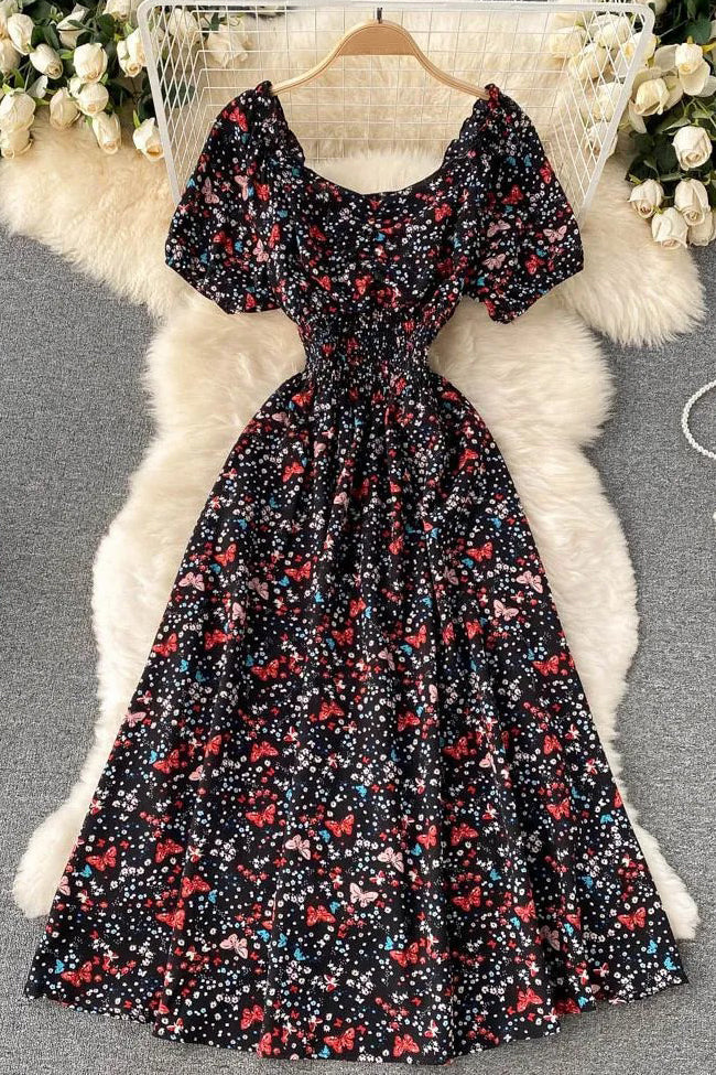 Dress V-Neck Puff Sleeve Floral Print Elastic Corset Dress
